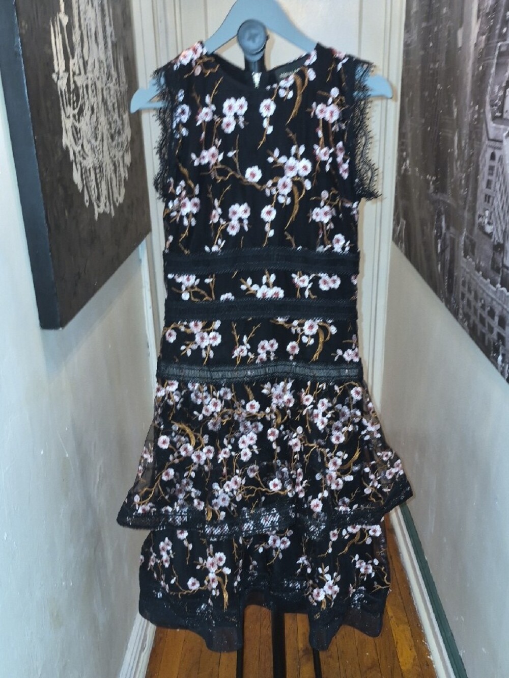 Bronx and Banco Black Dress with Pink and Gold Floral Embroidery - Picture 2 of 6